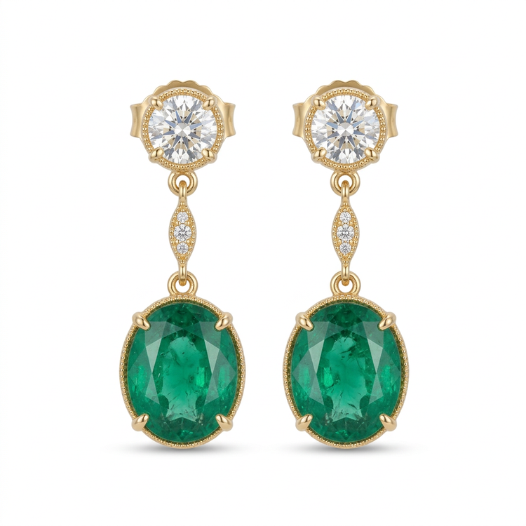 Natural Emerald & Diamond Drop Earrings