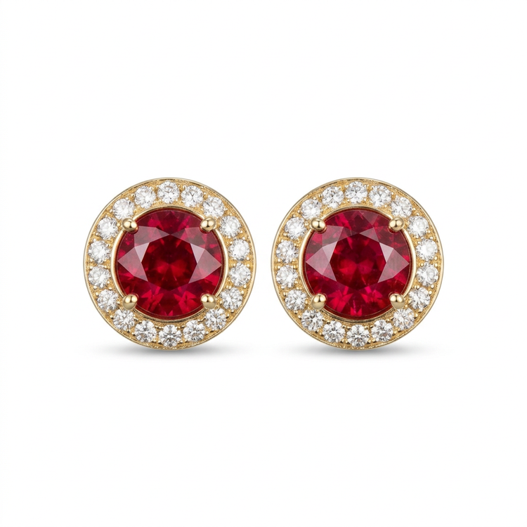 Natural Ruby & Diamond Halo Studs