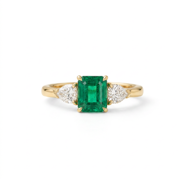 Natural Emerald & Diamond Three-Stone Ring